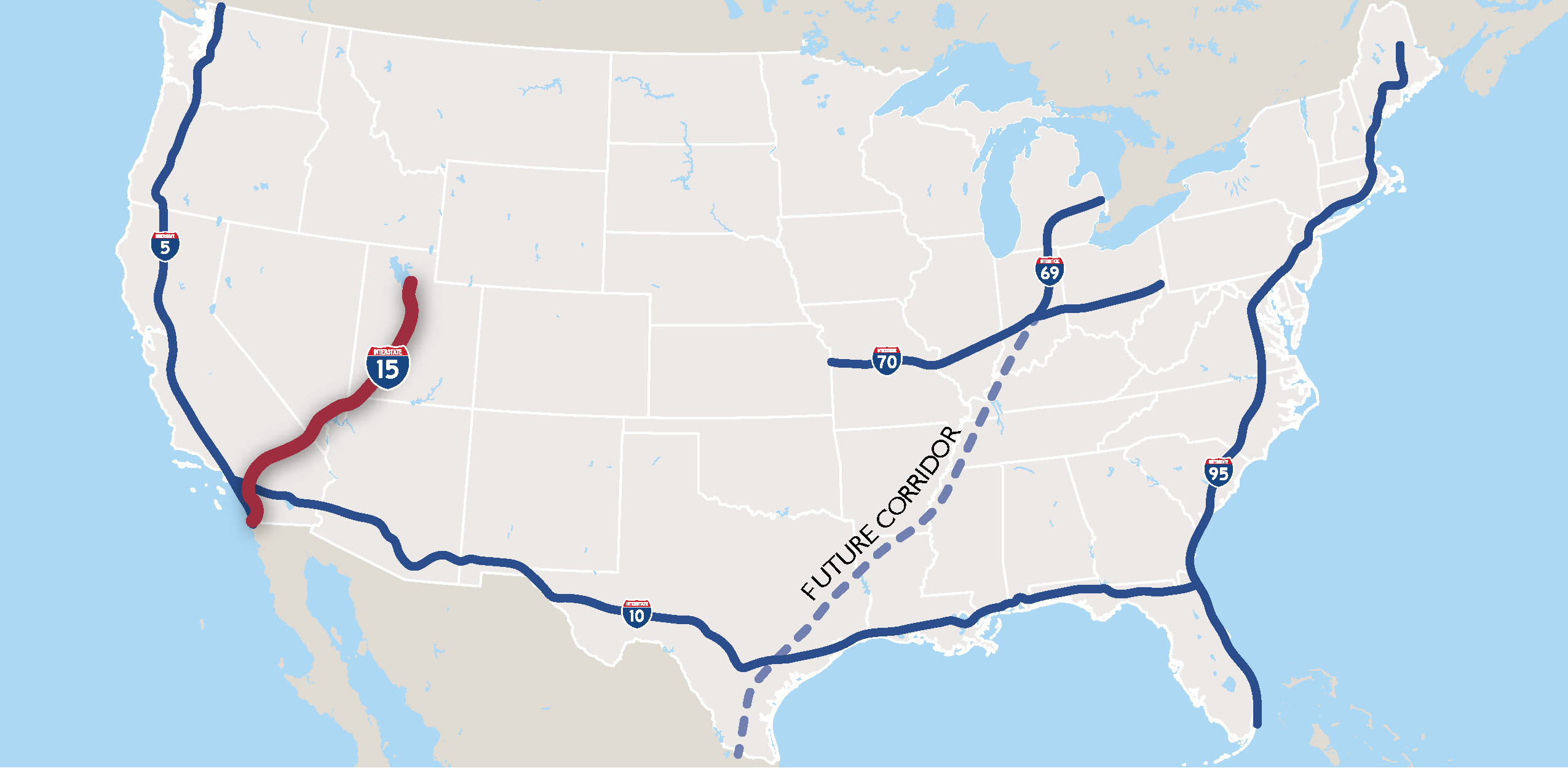 Map showing federally-designated corridors of the future in the United States